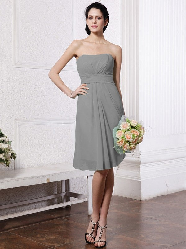 Sheath/Column Strapless Sleeveless Pleats Short Chiffon Bridesmaid Dresses CICIP0005722