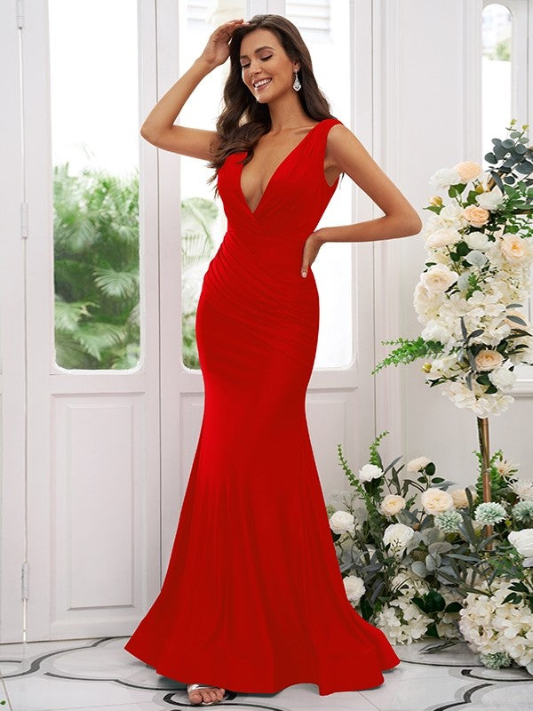 Trumpet/Mermaid Jersey Ruched V-neck Sleeveless Sweep/Brush Train Bridesmaid Dresses CICIP0004902