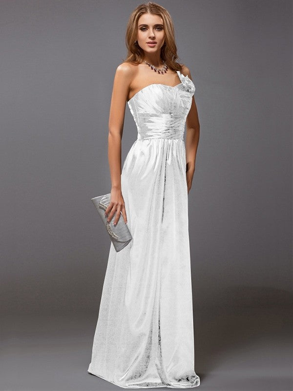 Sheath/Column One-Shoulder Sleeveless Ruffles Long Satin Bridesmaid Dresses CICIP0005611