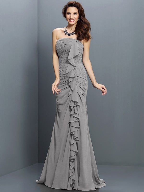 Trumpet/Mermaid Strapless Pleats Sleeveless Long Chiffon Bridesmaid Dresses CICIP0005428