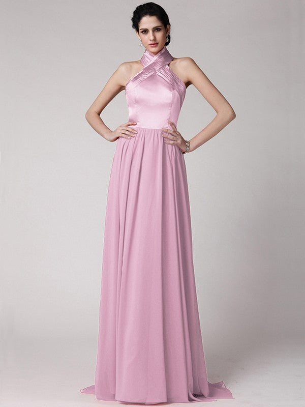 Sheath/Column Halter Sleeveless Pleats Long Elastic Woven Satin Chiffon Bridesmaid Dresses CICIP0005653