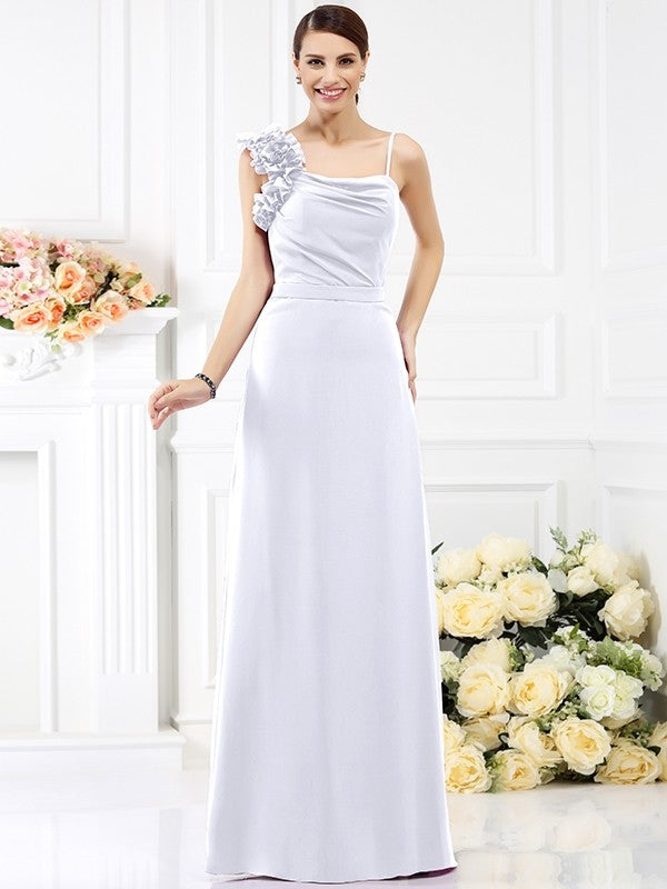 Sheath/Column Spaghetti Straps Hand-Made Flower Sleeveless Long Chiffon Bridesmaid Dresses CICIP0005774