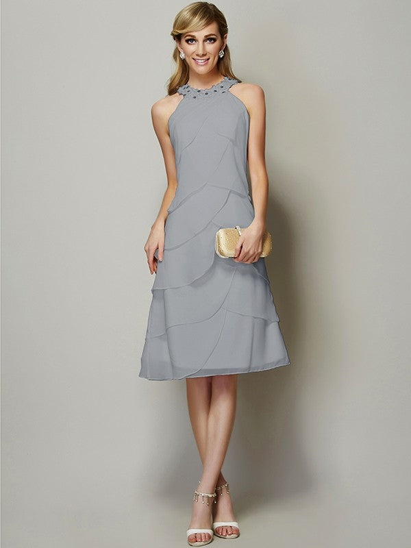 Sheath/Column Bateau Sleeveless Beading Short Chiffon Bridesmaid Dresses CICIP0005163