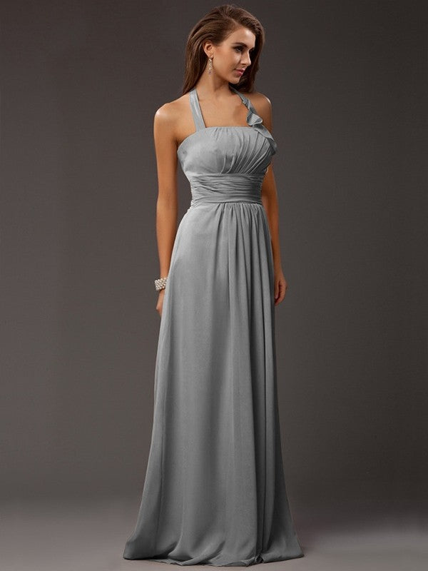 Sheath/Column Halter Sleeveless Ruffles Long Chiffon Bridesmaid Dresses CICIP0005366