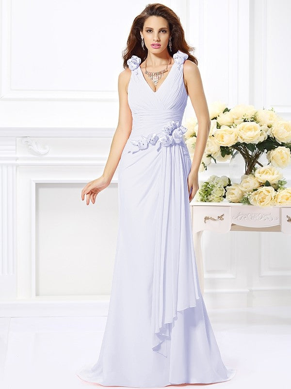 Trumpet/Mermaid V-neck Hand-Made Flower Sleeveless Long Chiffon Bridesmaid Dresses CICIP0005122