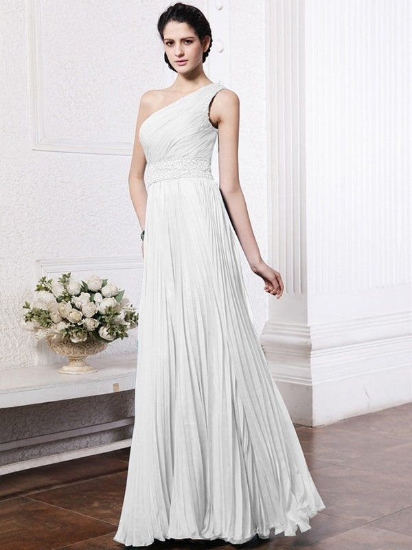 Sheath/Column One-Shoulder Sleeveless Beading Pleats Long Chiffon Bridesmaid Dresses CICIP0005588