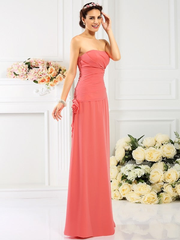 Sheath/Column Strapless Hand-Made Flower Sleeveless Long Chiffon Bridesmaid Dresses CICIP0005753