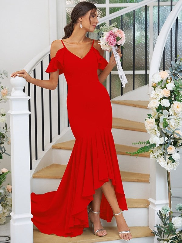 Trumpet/Mermaid Jersey Ruffles V-neck Sleeveless Asymmetrical Bridesmaid Dresses CICIP0004937