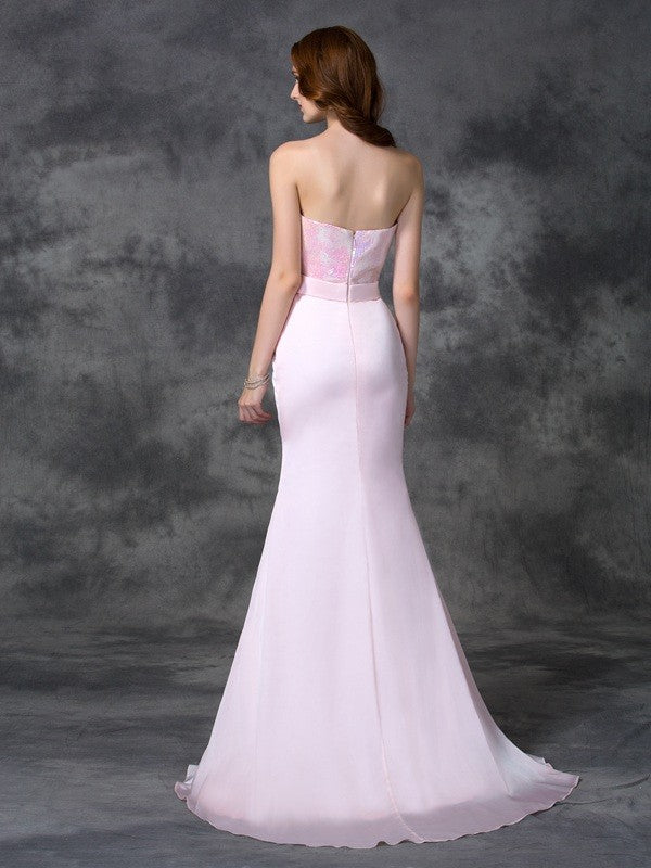 Trumpet/Mermaid Sweetheart Beading Sleeveless Long Satin Chiffon Bridesmaid Dresses CICIP0005321