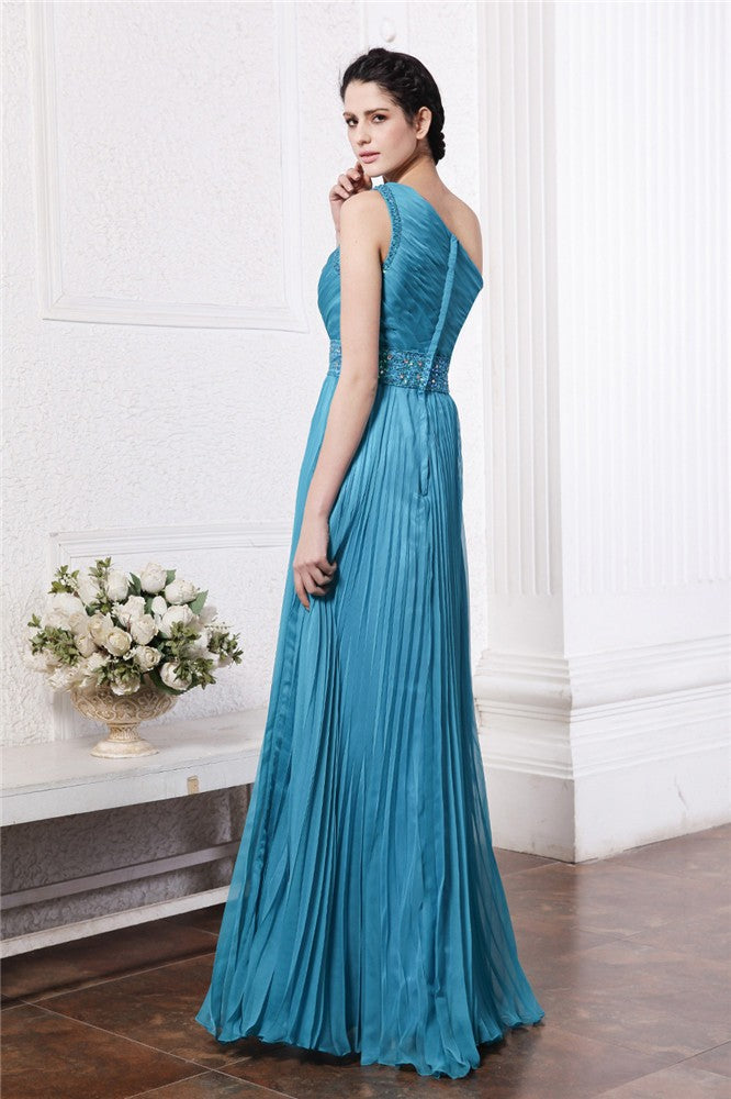 Sheath/Column One-Shoulder Sleeveless Beading Pleats Long Chiffon Bridesmaid Dresses CICIP0005588