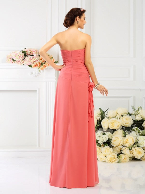 Sheath/Column Strapless Hand-Made Flower Sleeveless Long Chiffon Bridesmaid Dresses CICIP0005753