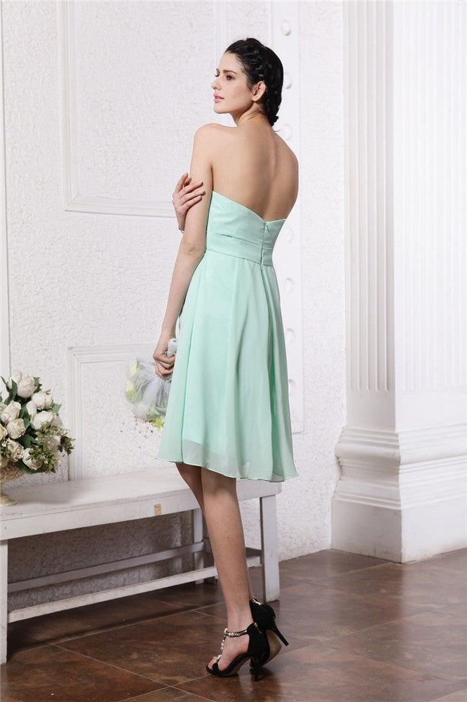 Sheath/Column Strapless Sleeveless Pleats Short Chiffon Bridesmaid Dresses CICIP0005722