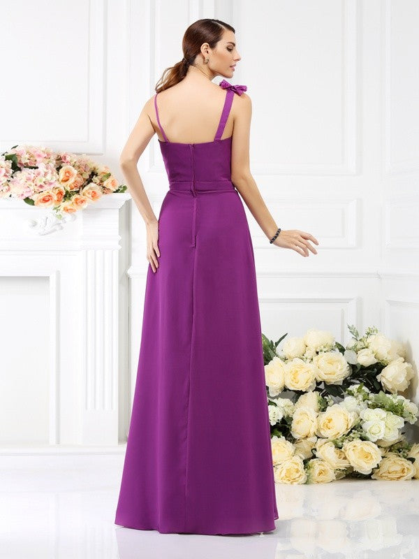 Sheath/Column Spaghetti Straps Hand-Made Flower Sleeveless Long Chiffon Bridesmaid Dresses CICIP0005774