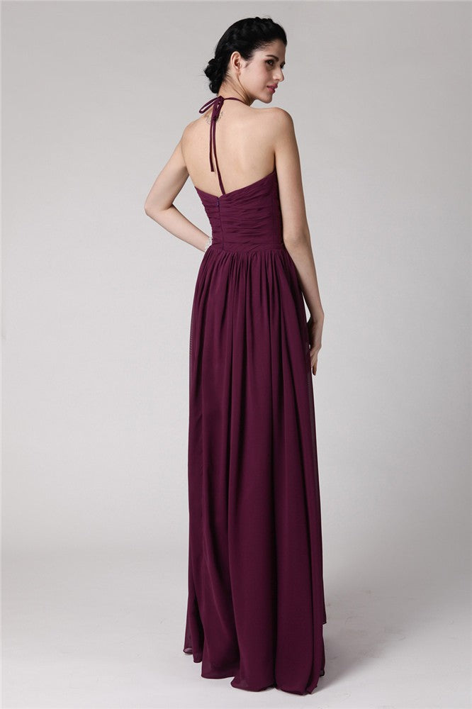 Sheath/Column Halter Sleeveless Hand-Made Flower Long Chiffon Bridesmaid Dresses CICIP0005817