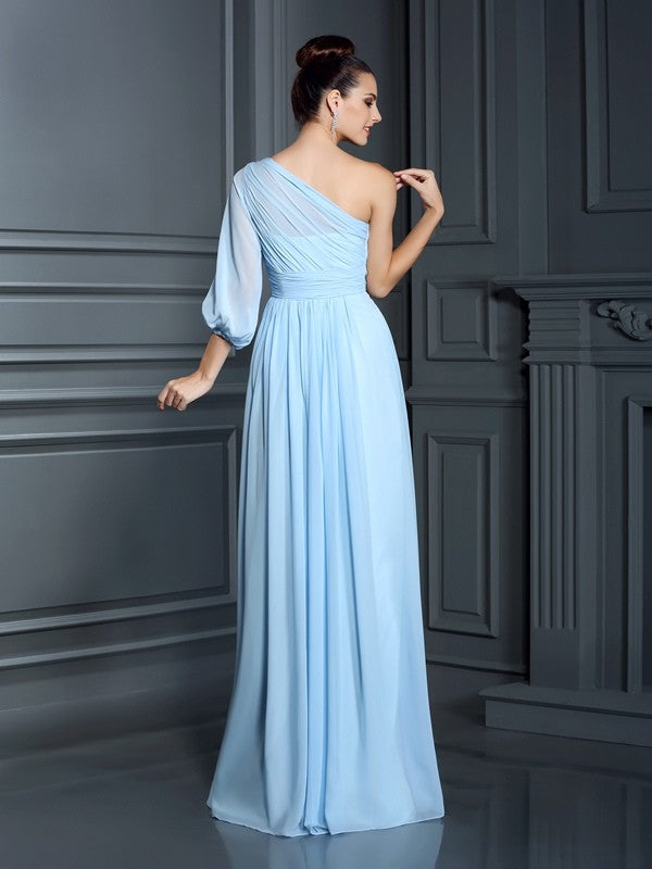 Sheath/Column One-Shoulder 3/4 Sleeves Long Chiffon Bridesmaid Dresses CICIP0005047