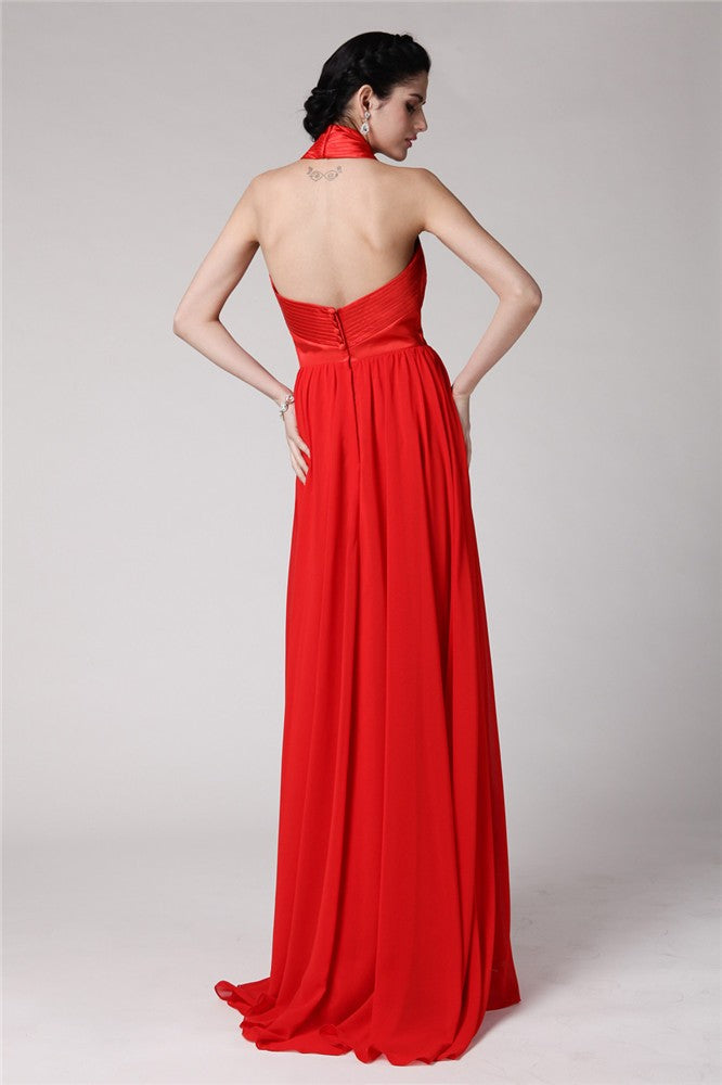 Sheath/Column Halter Sleeveless Pleats Long Elastic Woven Satin Chiffon Bridesmaid Dresses CICIP0005653