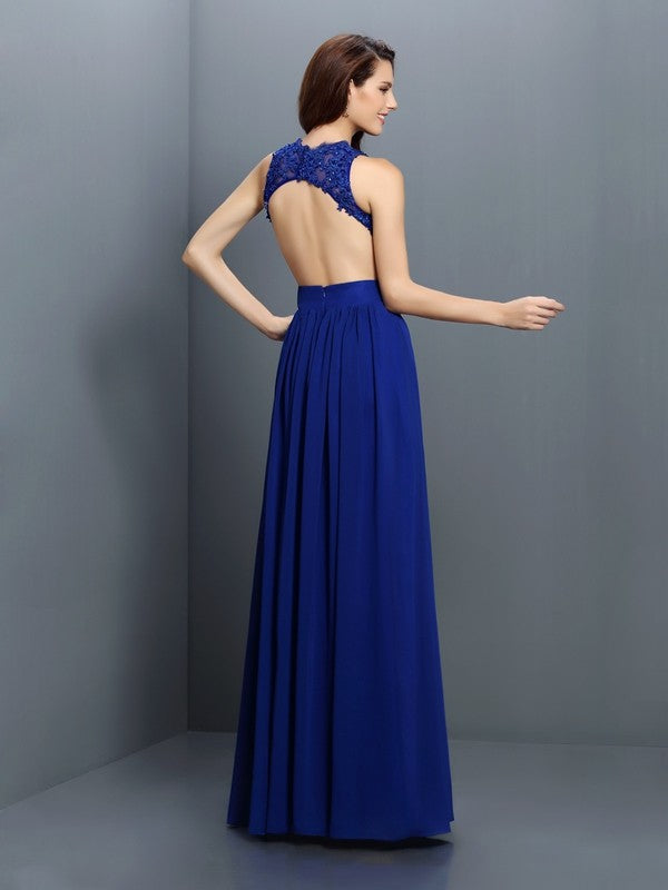 A-Line/Princess V-neck Applique Sleeveless Long Chiffon Bridesmaid Dresses CICIP0005255