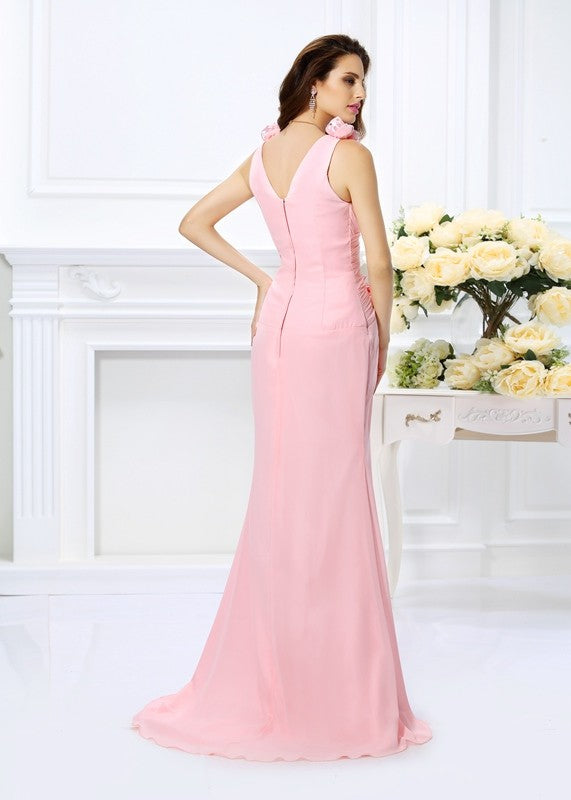 Trumpet/Mermaid V-neck Hand-Made Flower Sleeveless Long Chiffon Bridesmaid Dresses CICIP0005122