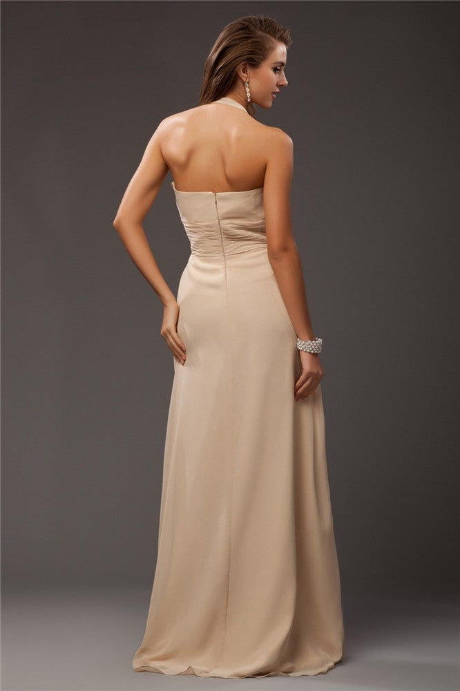 Sheath/Column Halter Sleeveless Ruffles Long Chiffon Bridesmaid Dresses CICIP0005366