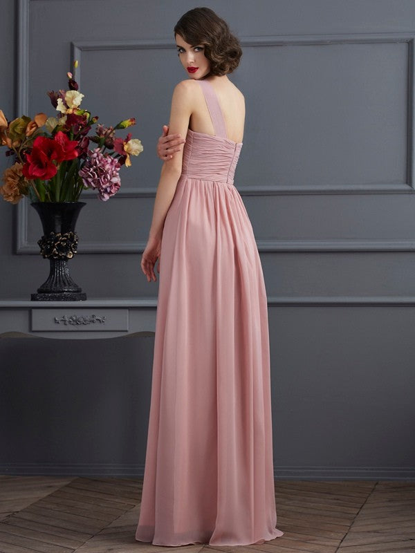 Sheath/Column One-Shoulder Sleeveless Pleats Long Chiffon Bridesmaid Dresses CICIP0005791