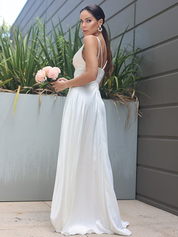 A-Line/Princess Satin Ruched V-neck Sleeveless Sweep/Brush Train Wedding Dresses CICIP0007022