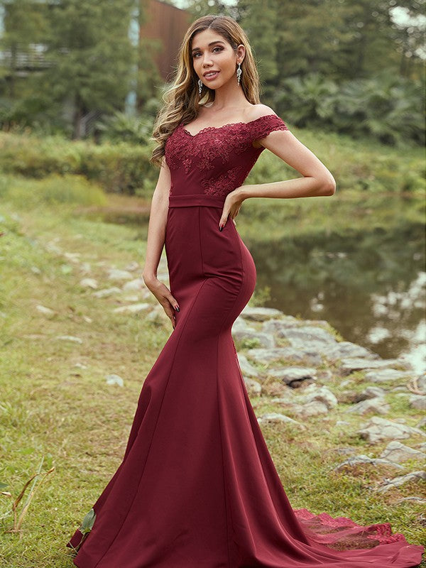 Sheath/Column Stretch Crepe Applique Off-the-Shoulder Sleeveless Sweep/Brush Train Bridesmaid Dresses CICIP0004931