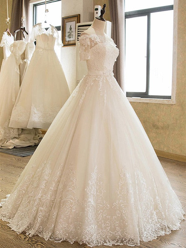 Ball Gown 1/2 Sleeves Off-the-Shoulder Floor-Length Applique Lace Tulle Wedding Dresses CICIP0006322