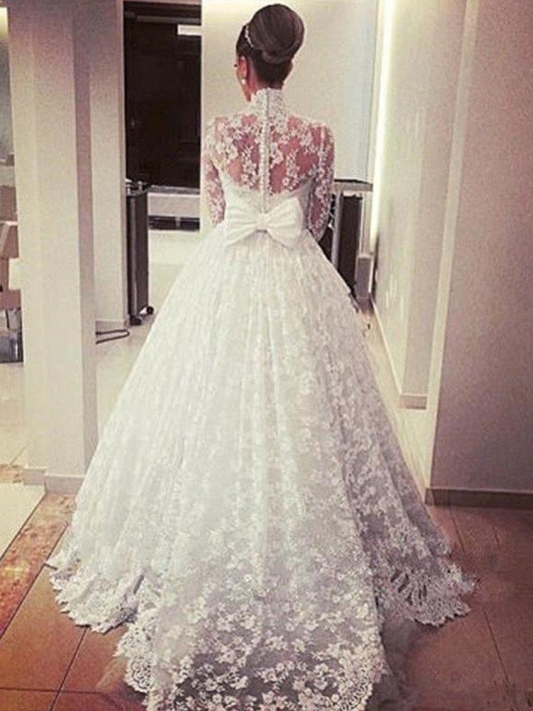 Ball Gown Long Sleeves High Neck Sweep/Brush Train Sash/Ribbon/Belt Lace Wedding Dresses CICIP0006548