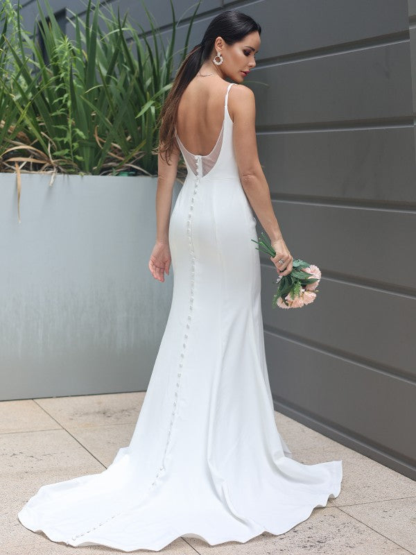 Sheath/Column Stretch Crepe Ruffles Straps Sleeveless Sweep/Brush Train Wedding Dresses CICIP0007023