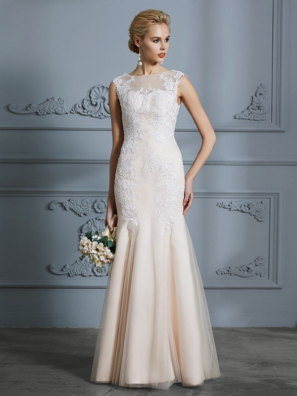 Trumpet/Mermaid Scoop Sleeveless Tulle Applique Floor-Length Wedding Dresses CICIP0006351