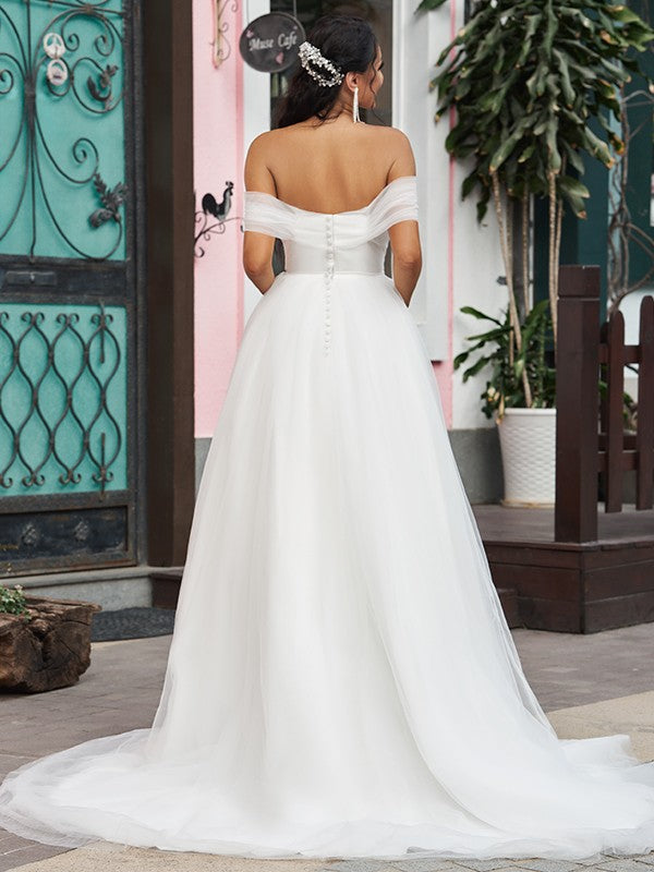 A-Line/Princess Tulle Ruffles Off-the-Shoulder Sleeveless Sweep/Brush Train Wedding Dresses CICIP0006442