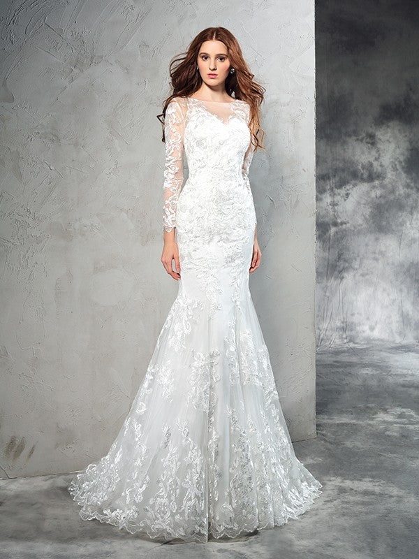 Sheath/Column Sheer Neck Lace Long Sleeves Long Net Wedding Dresses CICIP0006518