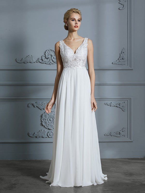 A-Line/Princess Sleeveless V-neck Sweep/Brush Train Chiffon Wedding Dresses CICIP0006388