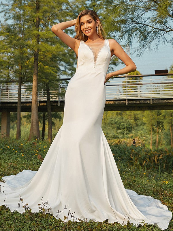 Sheath/Column Charmeuse Beading Scoop Sleeveless Sweep/Brush Train Wedding Dresses CICIP0006366