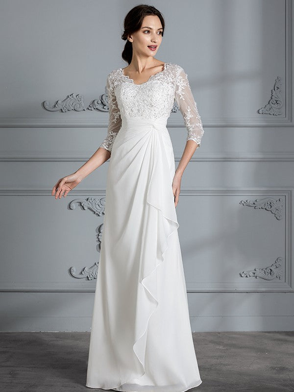 Sheath/Column V-neck 3/4 Sleeves Chiffon Floor-Length Wedding Dresses CICIP0006363