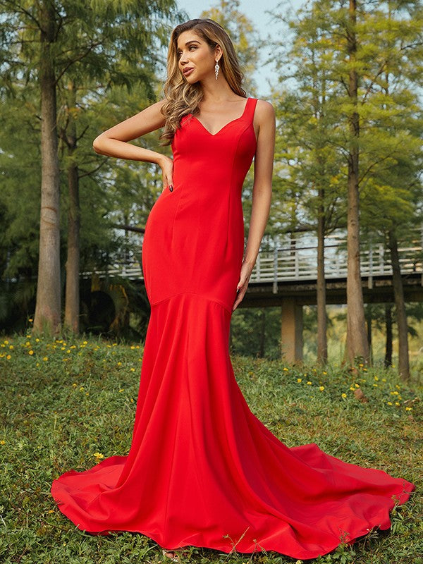 Sheath/Column Stretch Crepe Ruffles V-neck Sleeveless Sweep/Brush Train Bridesmaid Dresses CICIP0004953