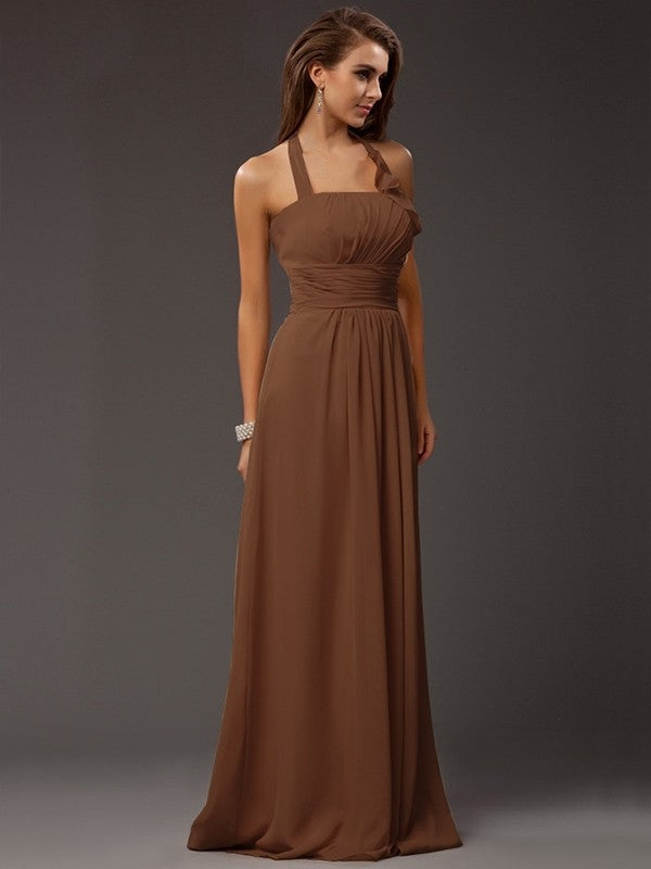 Sheath/Column Halter Sleeveless Ruffles Long Chiffon Bridesmaid Dresses CICIP0005366