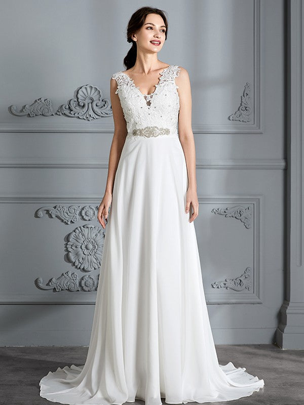 A-Line/Princess Sleeveless V-neck Sweep/Brush Train Chiffon Wedding Dresses CICIP0006487