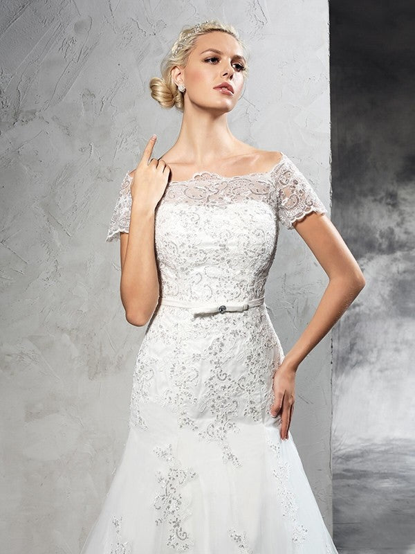 Sheath/Column Off-the-Shoulder Applique Short Sleeves Long Net Wedding Dresses CICIP0006450