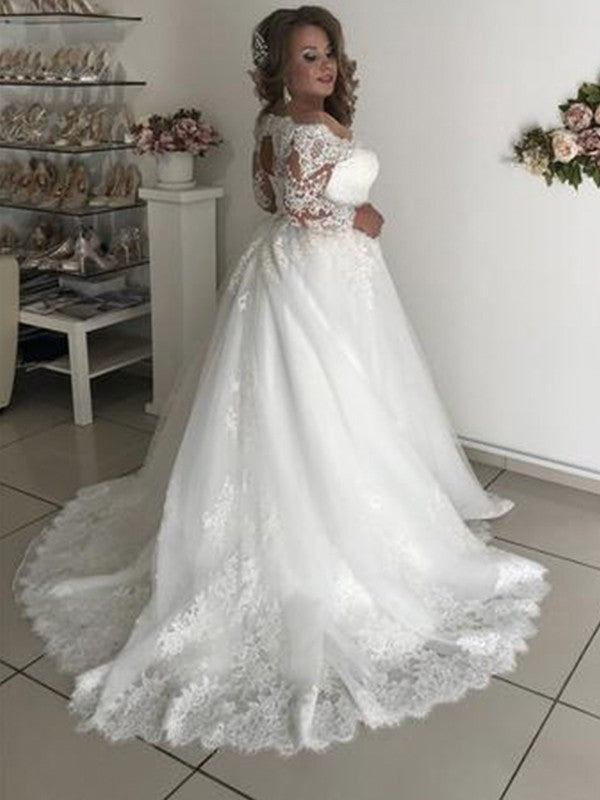 A-Line/Princess Off-the-Shoulder Long Sleeves Sweep/Brush Train Lace Tulle Wedding Dresses CICIP0005965