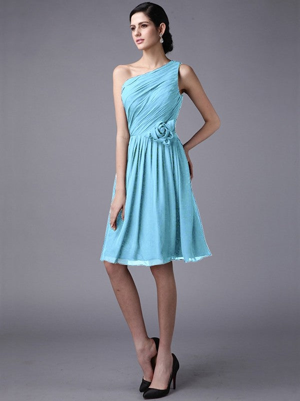 Sheath/Column One-Shoulder Sleeveless Pleats Short Chiffon Bridesmaid Dresses CICIP0005846