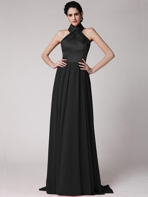 Sheath/Column Halter Sleeveless Pleats Long Elastic Woven Satin Chiffon Bridesmaid Dresses CICIP0005653