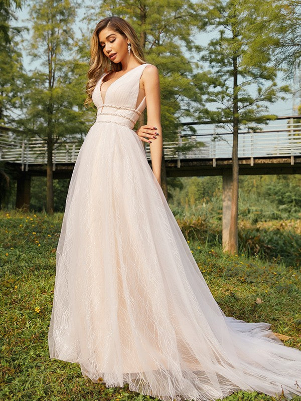 A-Line/Princess Tulle Ruffles V-neck Sleeveless Sweep/Brush Train Wedding Dresses CICIP0006441