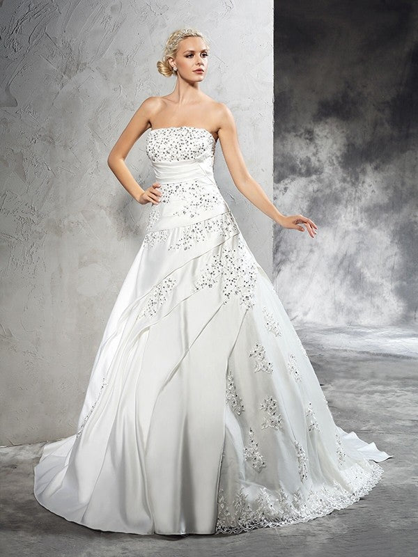 Ball Gown Strapless Beading Sleeveless Long Satin Wedding Dresses CICIP0006385