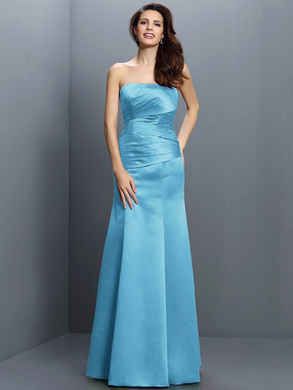 Sheath/Column Strapless Pleats Sleeveless Long Satin Bridesmaid Dresses CICIP0005635