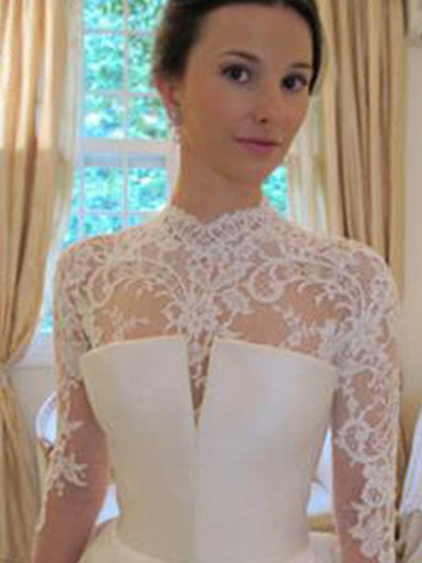 Ball Gown Satin Lace High Neck Long Sleeves Chapel Train Wedding Dresses CICIP0006858