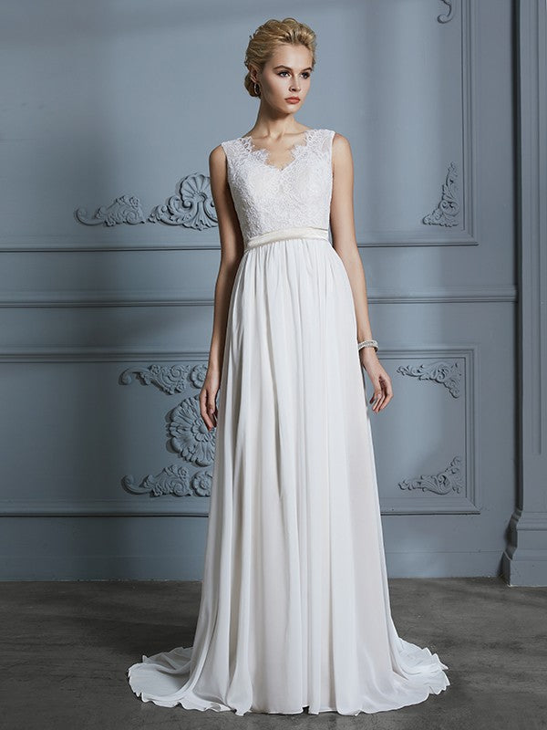 A-Line/Princess Sleeveless V-neck Chiffon Court Train Wedding Dresses CICIP0006288