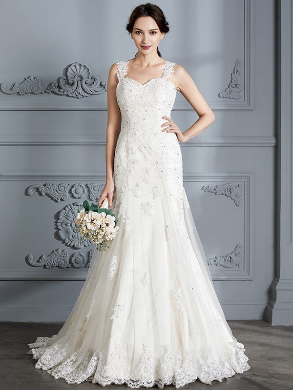 Trumpet/Mermaid Sweetheart Sleeveless Lace Court Train Wedding Dresses CICIP0006495