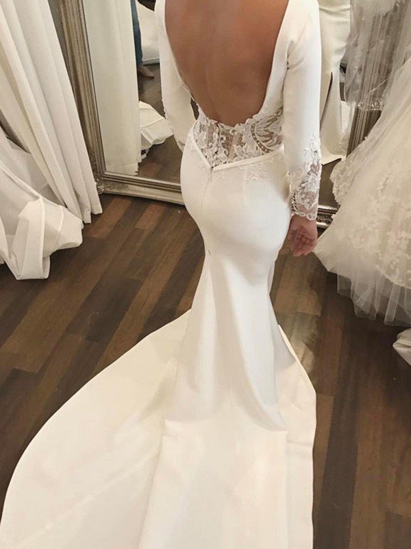 Trumpet/Mermaid Long Sleeves Scoop Court Train Lace Satin Wedding Dresses CICIP0006261