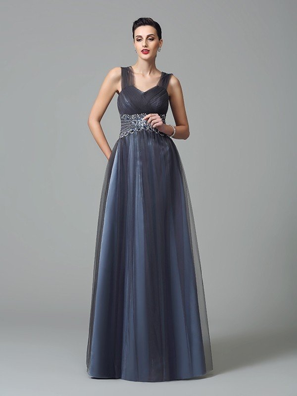 A-Line/Princess Straps Beading Sleeveless Long Net Mother of the Bride Dresses CICIP0007330